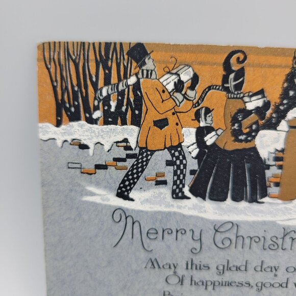 Merry Christmas Folded Vintage Card Snowy Scene Holiday Cheer Orange Textured - Picture 2 of 7